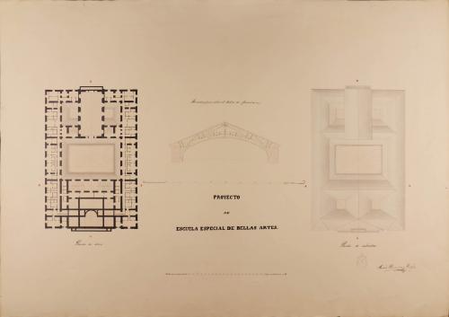 Planta del ático, cubiertas y sección de la armadura que cubre el salón de una escuela especial de Bellas Artes