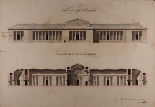 Alzado de la fachada principal y sección AB de un consulado para una capital