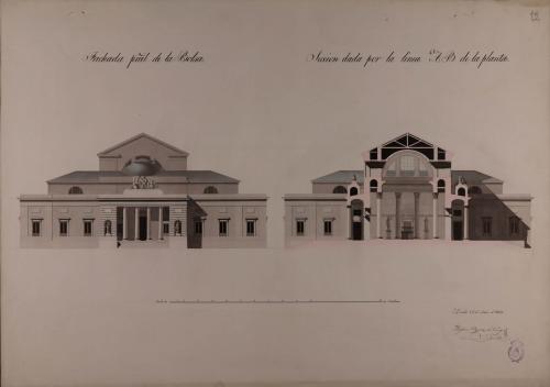 Alzado de la fachada principal y sección AB de la Bolsa y tribunal de comercio