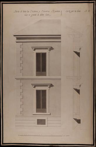Alzado y sección AB de partes en grande de molduras y miembros arquitectónicos de la fachada de la casa de los Vargas, en la plazuela de San Martín