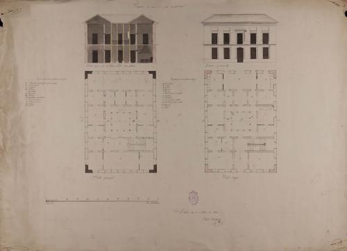 Plantas baja y principal, alzado de la fachada principal y sección AB de una casa para un particular en un terreno de figura y dimensiones arbitrarias