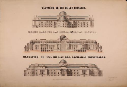 Alzado de una de las dos fachadas principales, la lateral y sección AB de un congreso de senadores y diputados