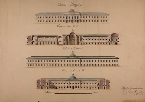 Alzado de la fachada principal y latera y sección AB y DE de un cuartel de caballería para Logroño