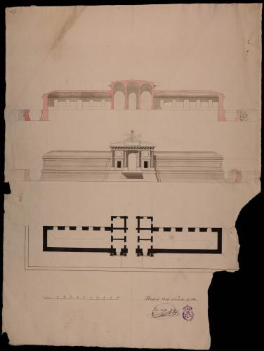 Planta, alzado de la fachada y sección de una puerta a una plaza de armas, con registro y habitación para un cuerpo de guardia