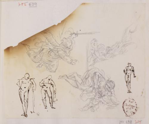 Estudio de ángel  volando y mujer tumbada con niño y apuntes del Hércules Farnese