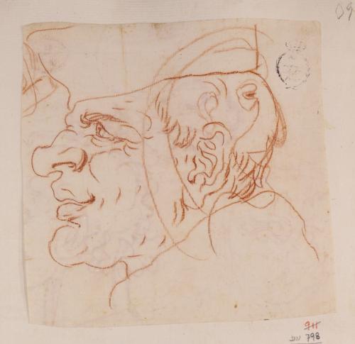 Caricatura de prelado de perfil hacia la izquierda y otra masculina superpuesta a la derecha