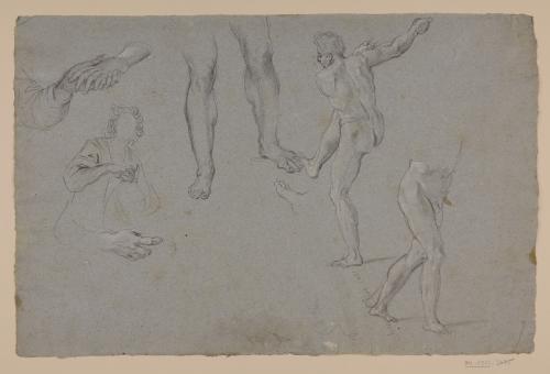 Estudio de modelo masculino desnudo de espaldas, parte inferior de otro, piernas, manos y ligero apunte de torso
