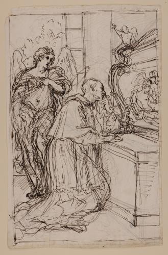 Estudio de santo (Carlos Borromeo?) arrodillado en oración junto a un ángel ante la tumba de Jesucristo
