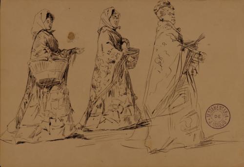 Estudio de tres mujeres con mantón y cesto