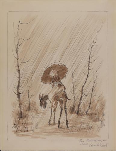 Mujer en burro bajo la lluvia