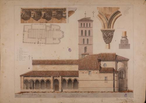Planta, alzado y detalles de los modillones, capitel y arranque del arco y basa de la iglesia de San Lorenzo (Segovia)
