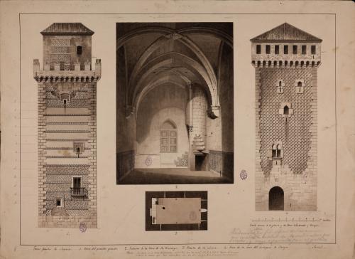 Alzado de la torre de los Arias Dávila, planta y vista del interior de la torre del convento de Santo Domingo y alzado de la torre de Lozoya