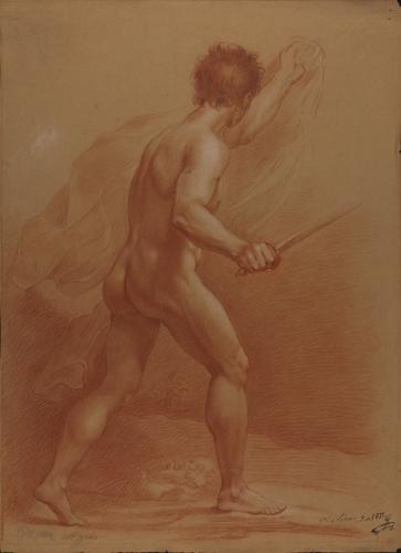 Estudio de modelo masculino desnudo de espaldas portando paño y espada
