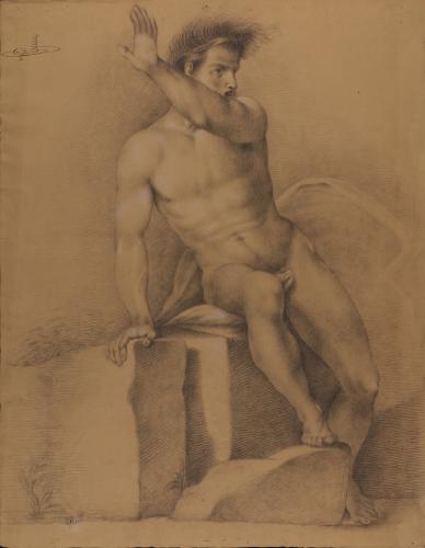 Estudio de modelo masculino desnudo sentado alzando el brazo izquierdo