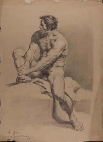 Estudio de cíclope desnudo sentado, sujetándose la pierna derecha con las manos