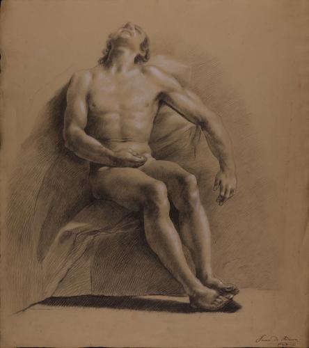 Estudio de modelo masculino desnudo sentado de frente con la cabeza hacia atrás