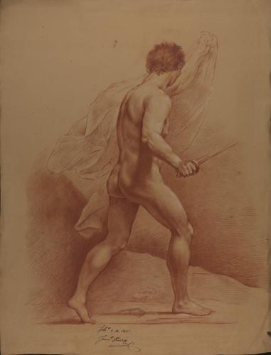 Estudio de modelo masculino desnudo con espada y paño
