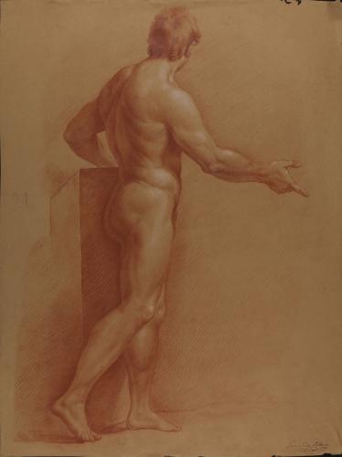Estudio de modelo masculino desnudo de perfil con el brazo derecho extendido