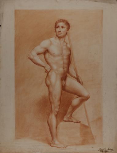 Estudio de desnudo masculino de pie con vara
