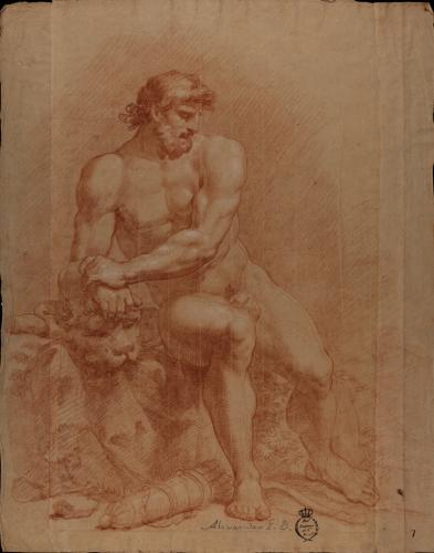 Estudio de modelo masculino desnudo como Hércules sentado