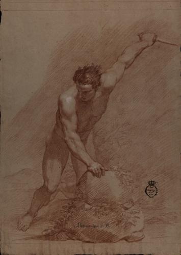 Estudio de modelo masculino desnudo semiarrodillado apoyado en una piedra con la mano derecha y con un cuchillo en la izquierda