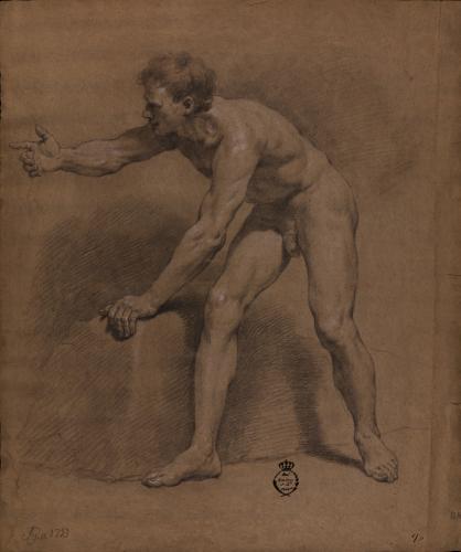 Estudio de modelo masculino desnudo de perfil hacia la derecha semi inclinado con el brazo derecho extendido