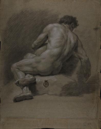 Estudio de modelo masculino desnudo sentado sobre unas rocas de espaldas