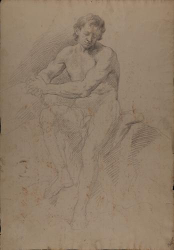 Estudio de modelo masculino desnudo sentado con las manos entrelzadas