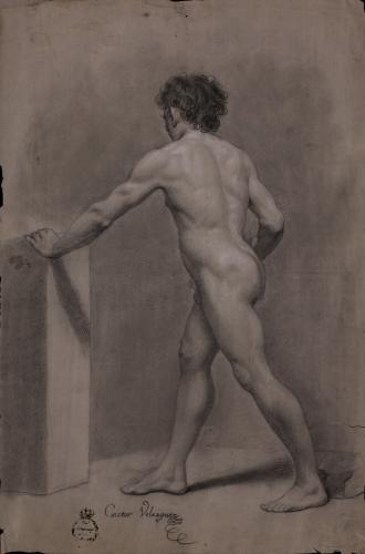 Estudio de modelo masculino desnudo de espaldas con el brazo izquierdo extendido