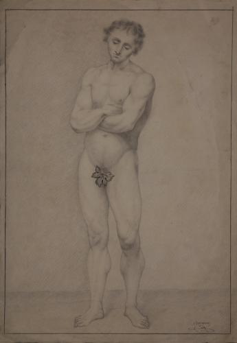 Estudio de modelo masculino desnudo de pie con los brazos cruzados