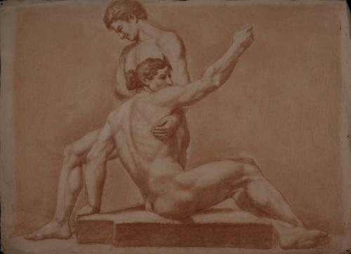 Estudio de dos modelos masculinos desnudos juntos, uno sentado y el otro arrodillado