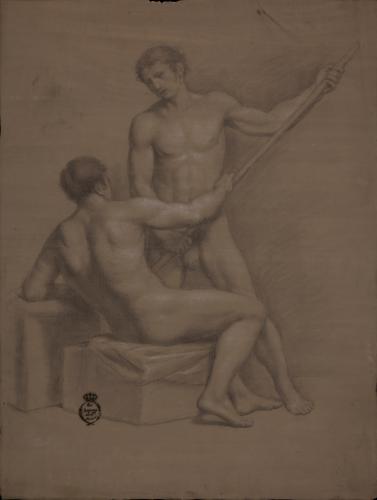 Estudio de dos modelos masculinos desnudos reclinado y de pie con vara