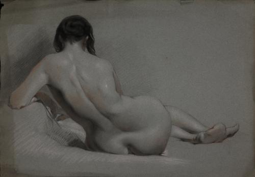 Estudio de modelo femenino desnudo recostado de espaldas